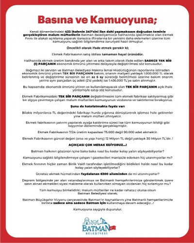 BELEDİYEDEN EKMEK FABRİKASI AÇIKLAMASI 